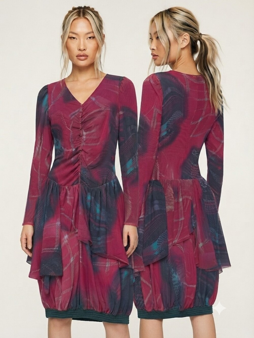 NWT HUEVO BLANCO Italian Designer Y2K Mesh Printed Ruched Dress Sz M L Vintage